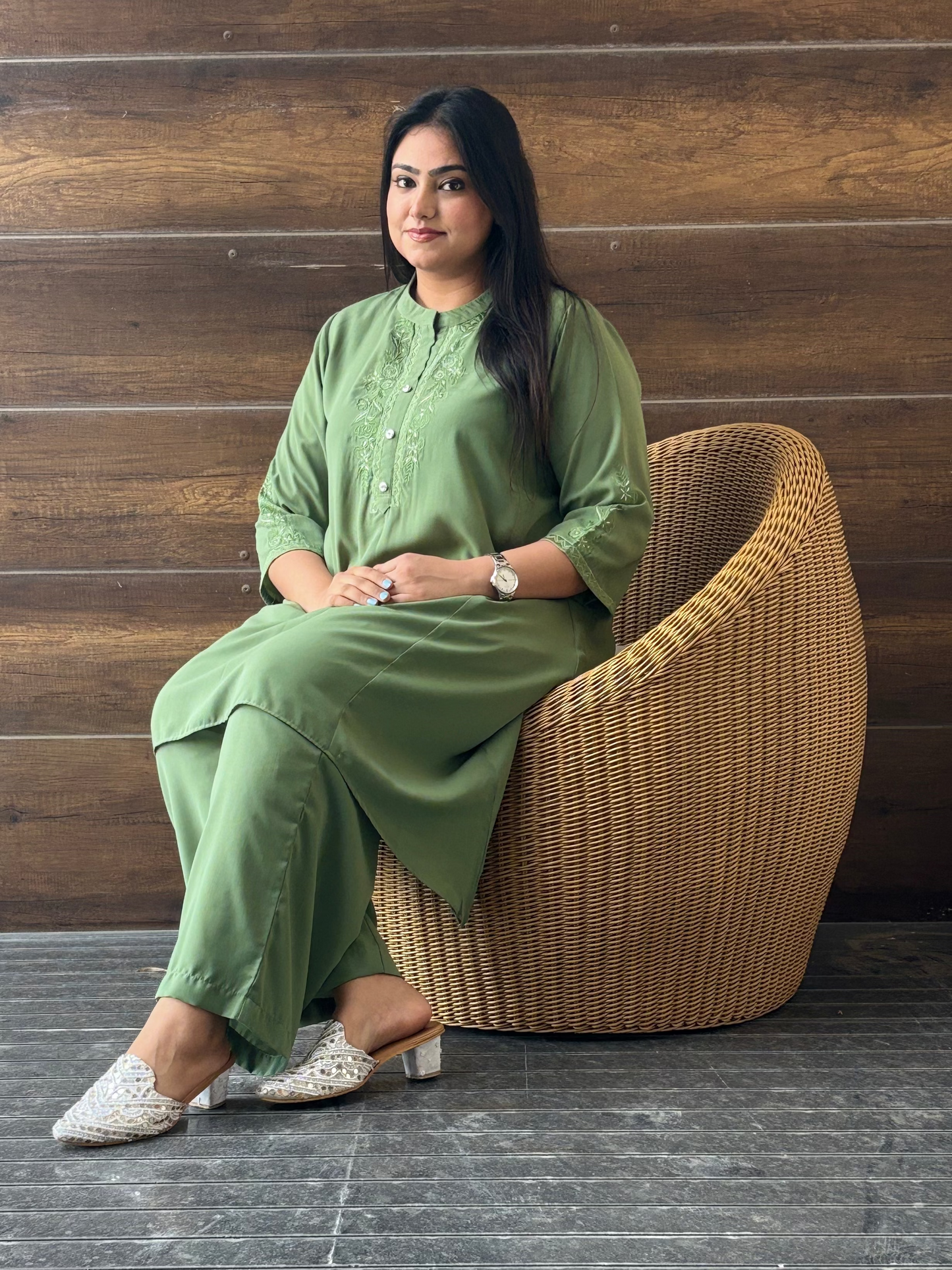 Pastel Green Co-ord with Threak Work