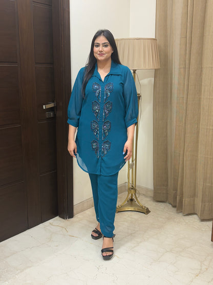 Teal Blue Co-ord Set with Hand Work