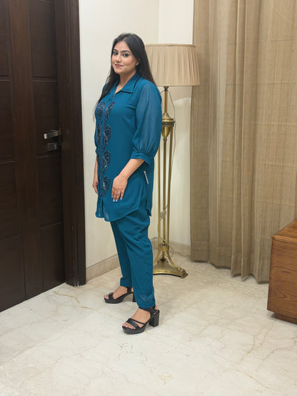 Teal Blue Co-ord Set with Hand Work