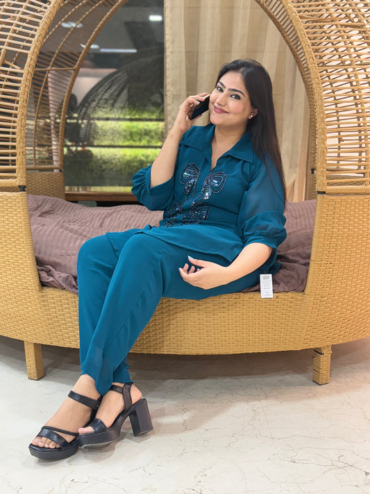 Teal Blue Co-ord Set with Hand Work