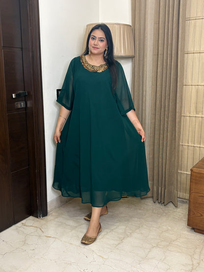 Bottle Green Dress with Handwork
