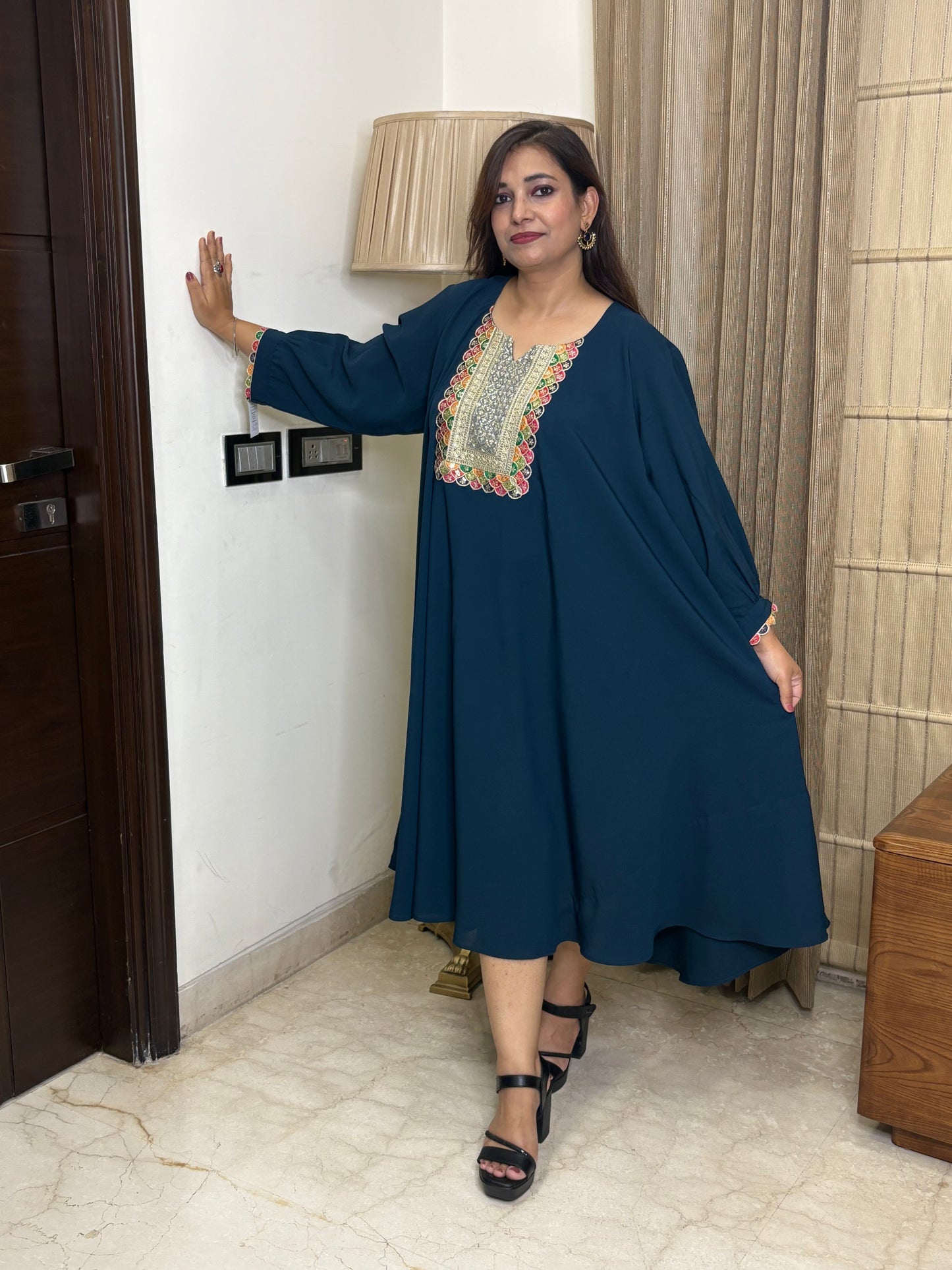 Teal blue Dress With Work On Neck