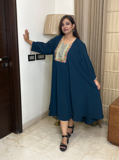 Teal blue Dress With Work On Neck