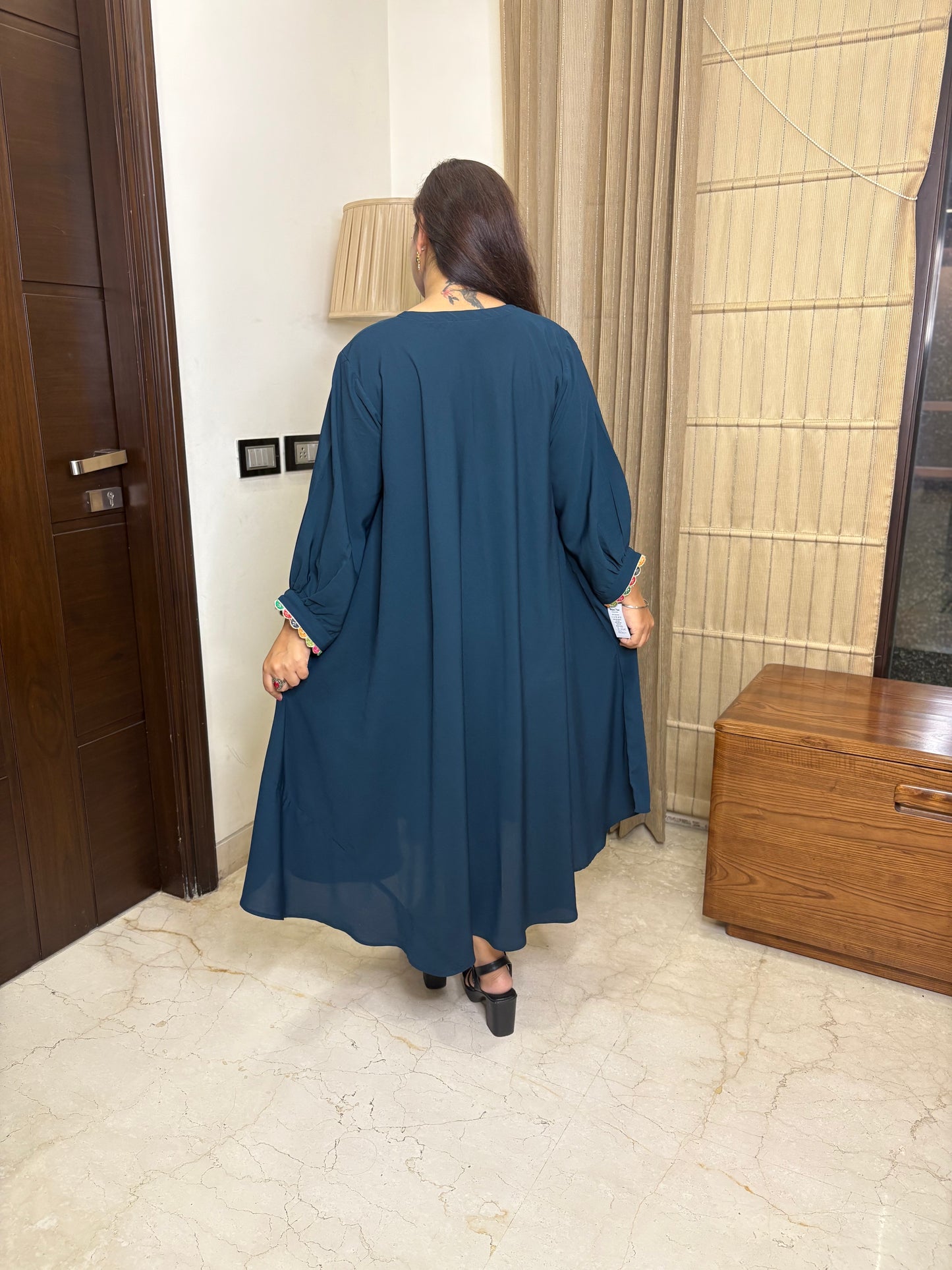 Teal blue Dress With Work On Neck