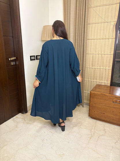 Teal blue Dress With Work On Neck