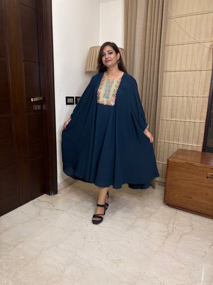 Teal blue Dress With Work On Neck