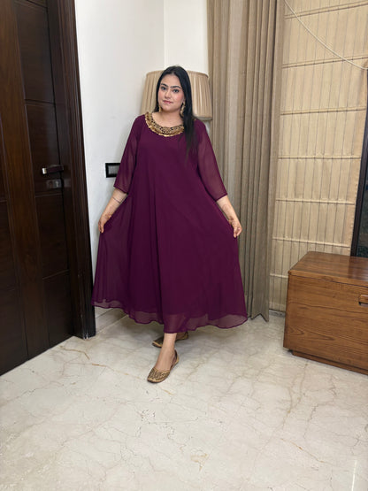 Wine Dress With Handwork