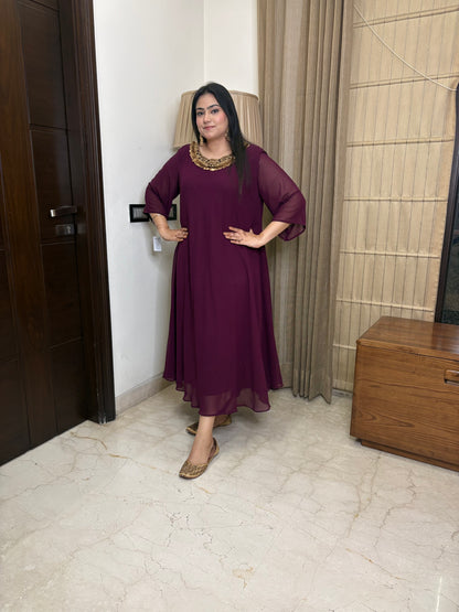 Wine Dress With Handwork