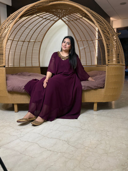 Wine Dress With Handwork