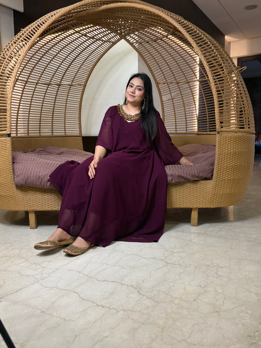 Wine Dress With Handwork