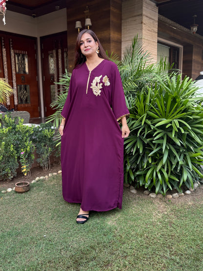 Wine Front Zip Style Dress With Handwork