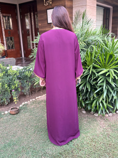 Wine Front Zip Style Dress With Handwork