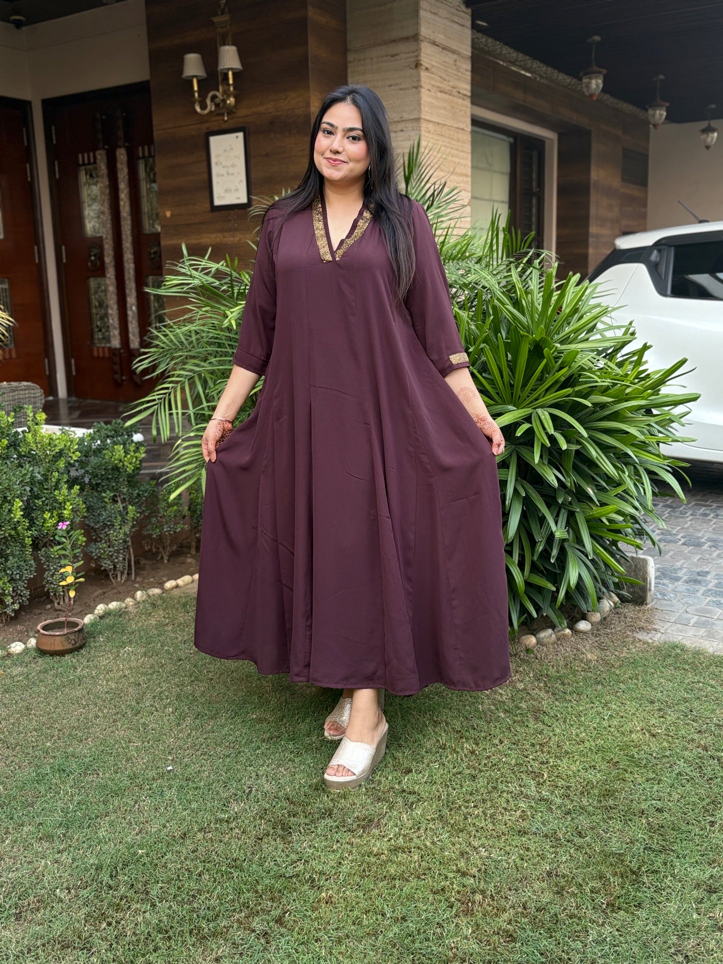 Brown Dress With Work Around Neck