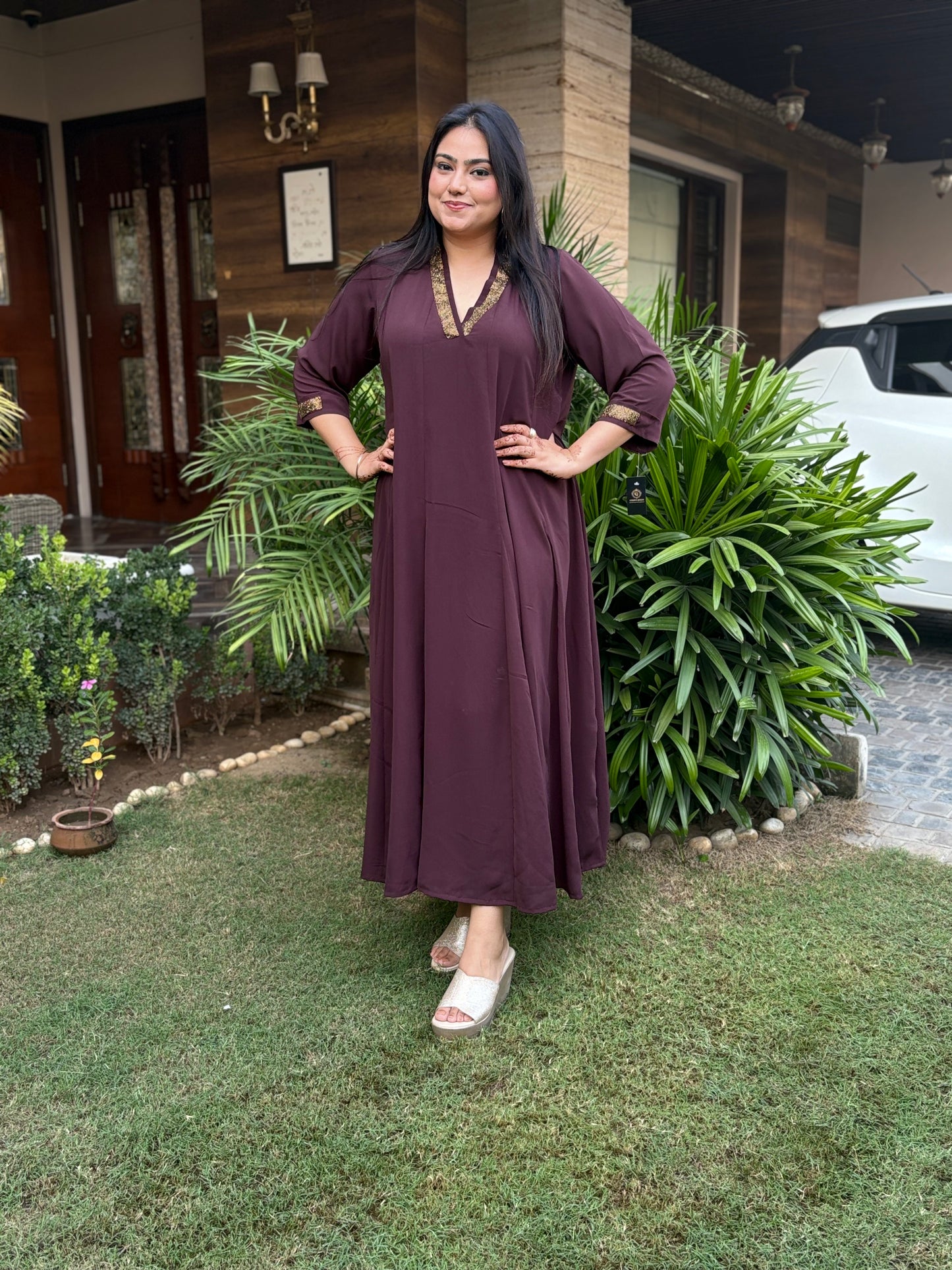 Brown Dress With Work Around Neck