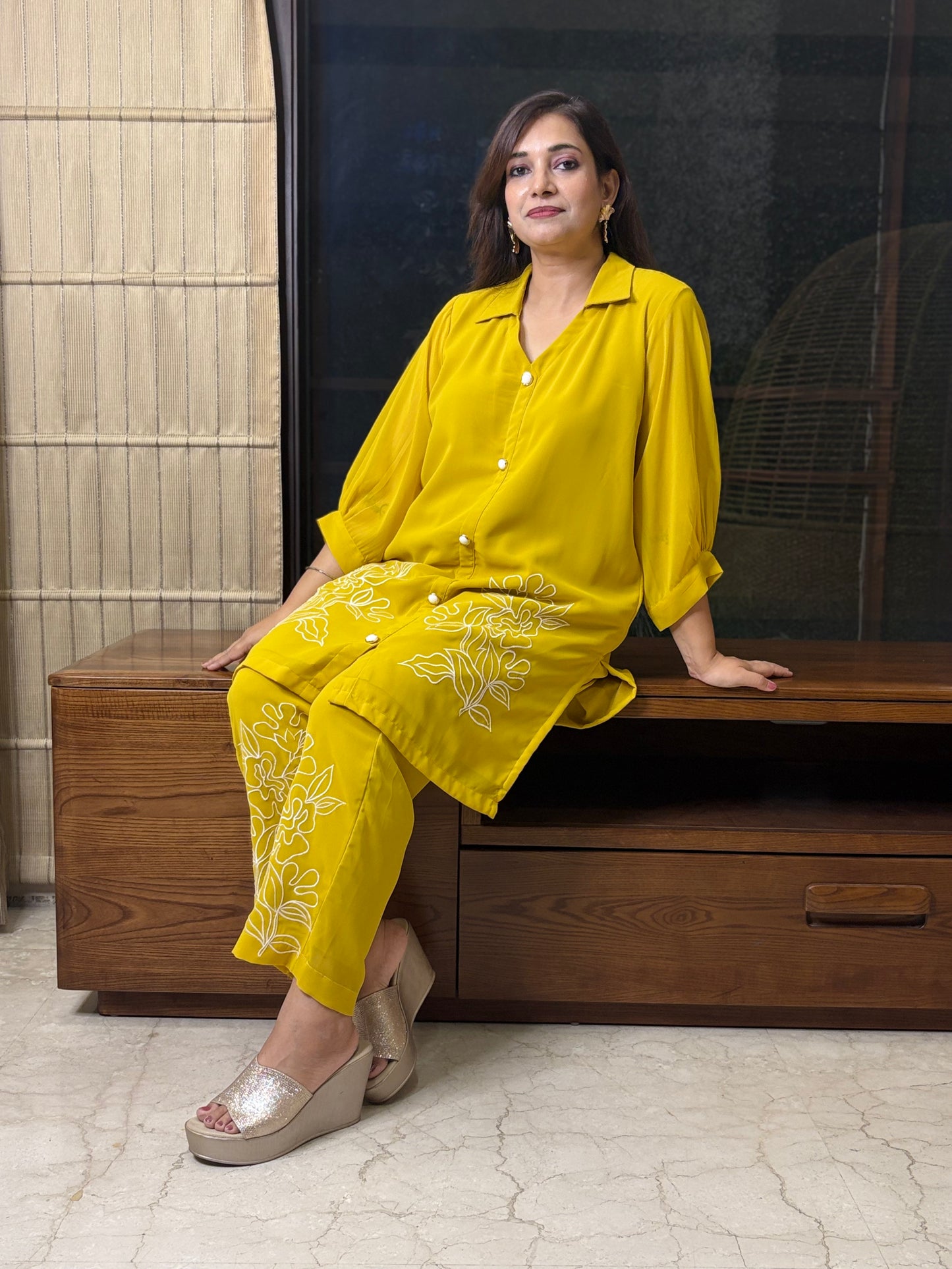 Yellowish Co-ord Set with Thread Work