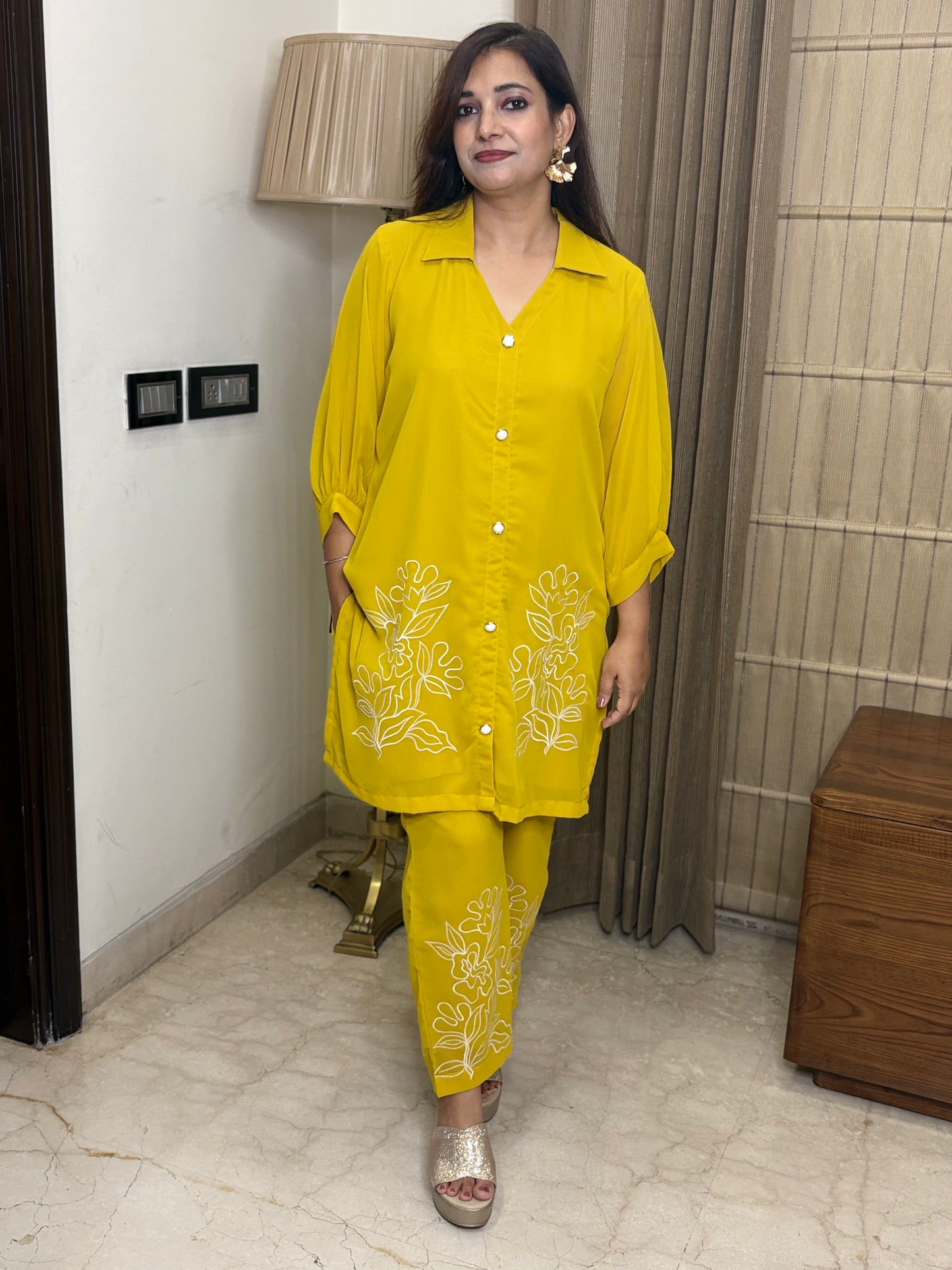 Yellowish Co-ord Set with Thread Work