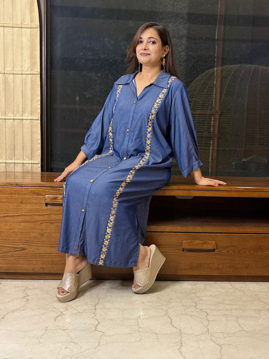 Soft Denim Dress with Thread Work