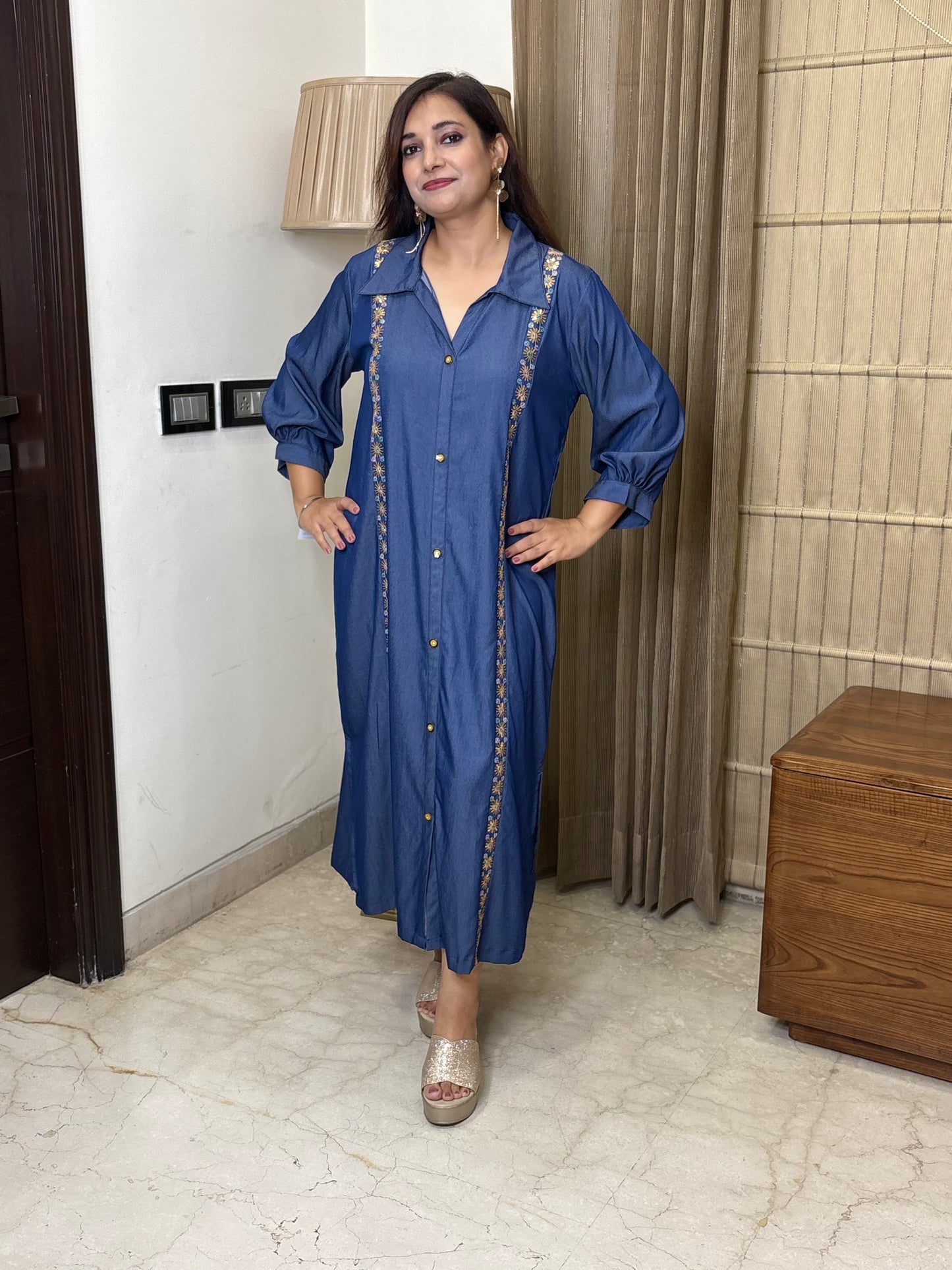 Soft Denim Dress with Thread Work