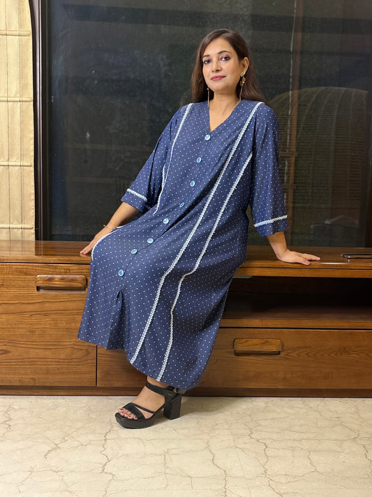 Soft Denim Dress with White Polka