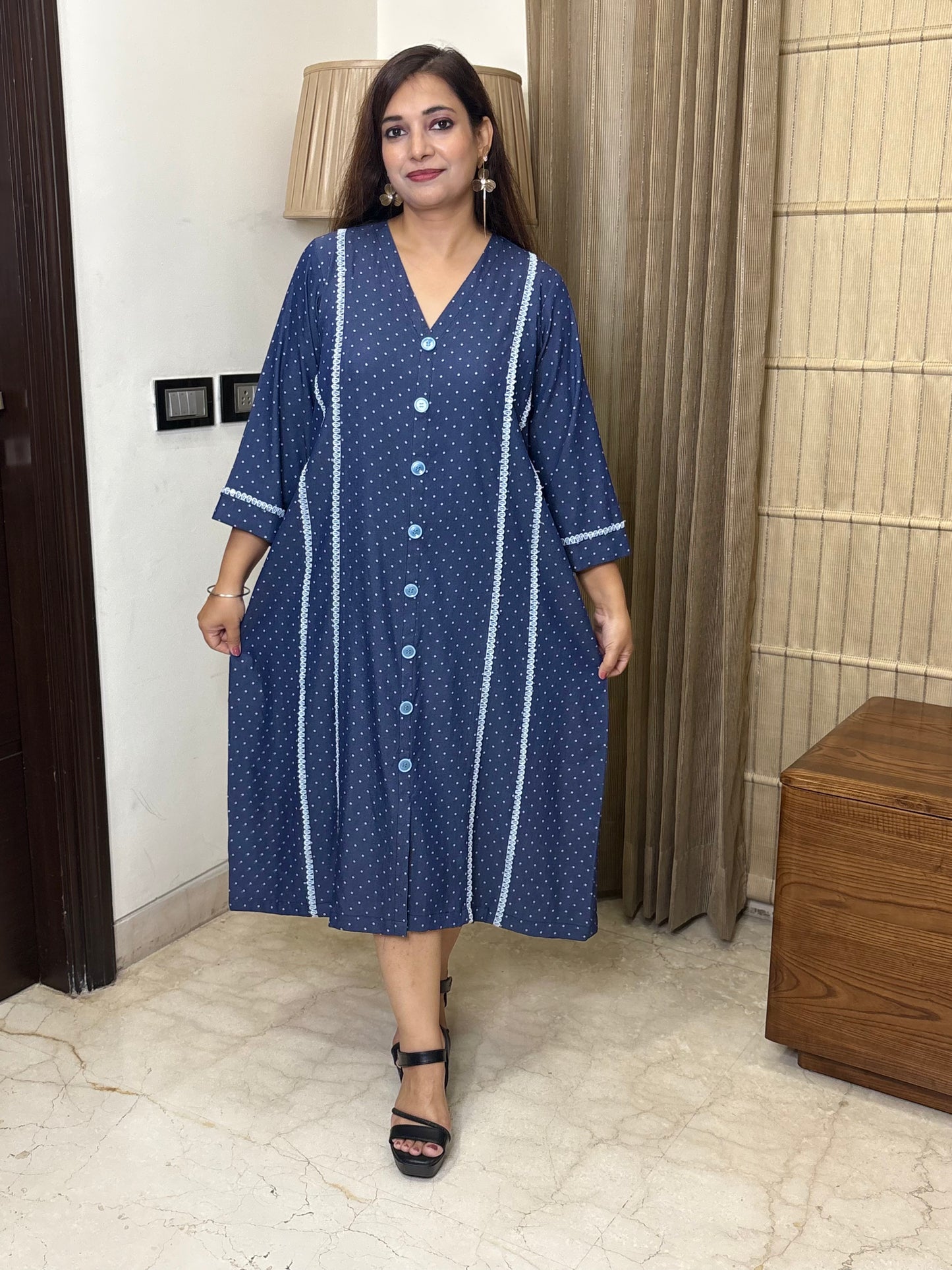 Soft Denim Dress with White Polka