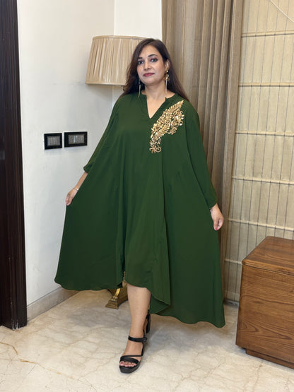 Green A Line Dress with Hand Work