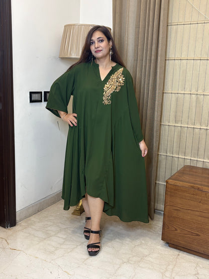 Green A Line Dress with Hand Work