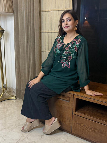 Bottle Green Top with Thread Work