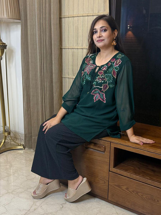 Bottle Green Top with Thread Work