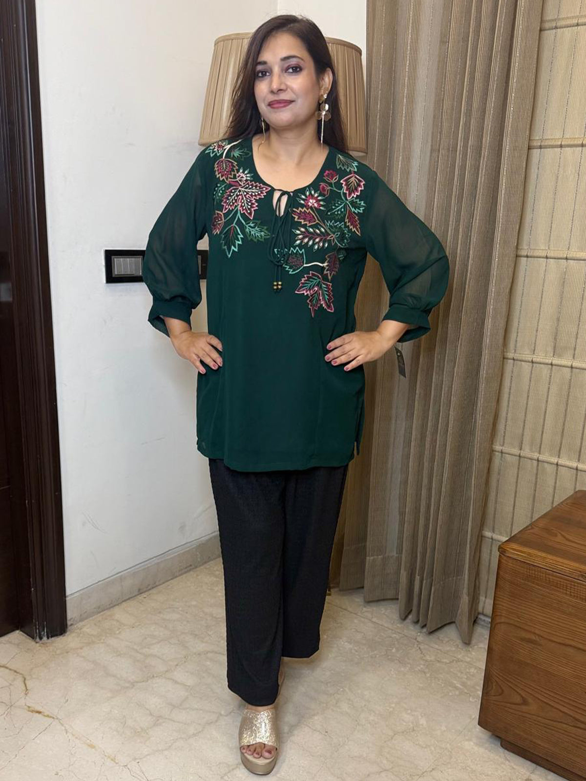 Bottle Green Top with Thread Work